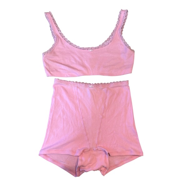 SKIMS Other - Skims Lace Trim Pointelle Knit Boxer Bra Lounge Set Pink Preppy Coquette Size M